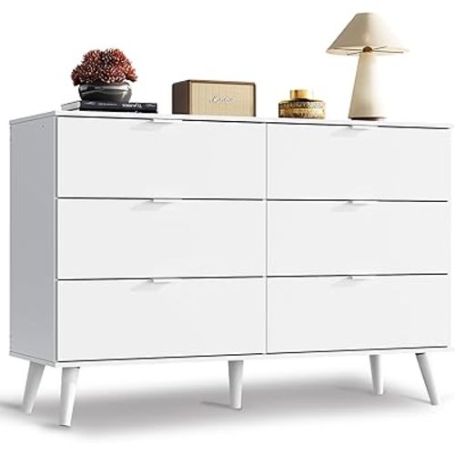 WLIVE 6 Drawer Dresser for Bedroom, 47.24'' Wide Wood White Dresser, Storage Organizer with Sturdy Metal Handle, TV Stand for 55 inch TV, Chest of Drawers for Living Room, Hallway, Closet