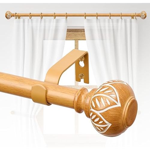 Wood Curtain Rods for Windows 28 to 48 Inch,Heavy Duty Curtain Rod,Decorative Single Window Curtain Rods with Round Imitation Wood Grain Finial 30"-60",1 Pack
