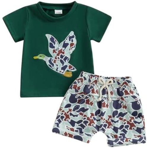 Toddler Baby Boy Hunting Clothes Mallard Duck Embroidery Short Sleeve T-Shirt Camouflage Shorts Set Summer Outfit