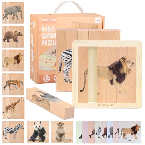 MOTGOM 2 Pack Wooden Puzzles for Toddlers - 4 in 1 Safari Animal Chunky Puzzles Ages 2-4, Preschool Educational Montessori Toys Gifts for 2 3 4 Year Old Boys Girls