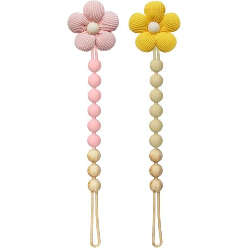 2Pcs Flower Pacifier Clip, 100% Food-Grade Silicone Pacifier Clip with Soft Fabric Daisy, Secure One-Piece Design, Easy to Clean, Baby Shower Gift for Girls Boys