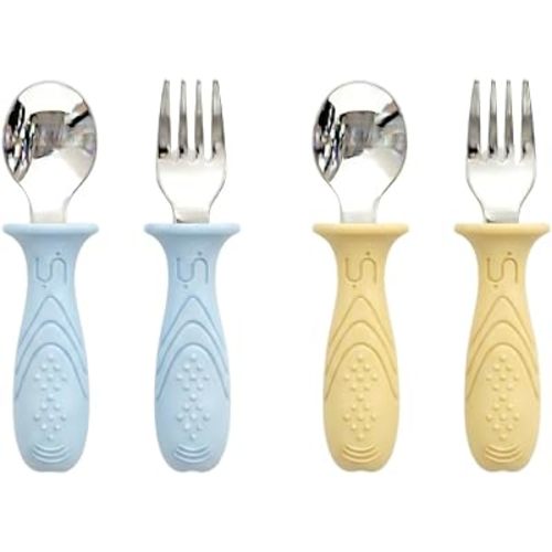 Stainless Steel Toddler Utensils Self Feeding Set, 4-Pack Baby Spoons and Forks with Silicone Handles, BPA-Free Silverware | Anti Choke Design Cutlery (Butter Yellow & Baby Blue)