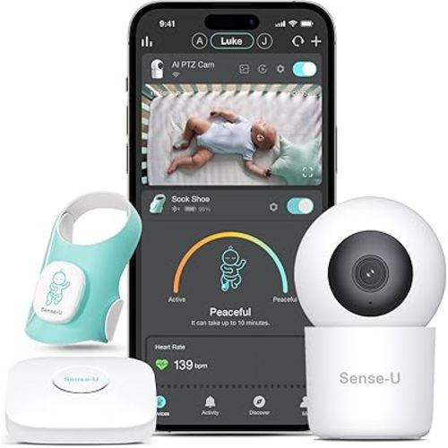 Sense-U Baby Sock Shoe Bundle Smart Baby Monitor: Sock Shoe Plus 2.5K PTZ Camera - Track Heart Rate, Sleep Movement, Heartbeat, Pan-Tilt-Zoom Video, AI Cry Detection, Audio, FSA/HSA Eligible