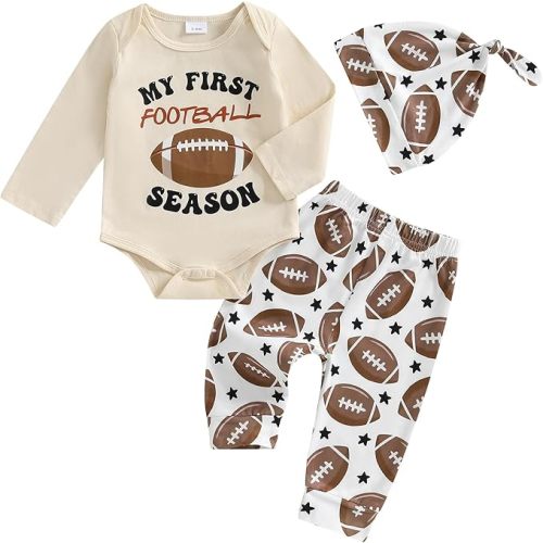 BemeyourBBs Newborn Baby Boy Football Outfit Romper Pants Set Beanie Hat | Newborn Baby Football Clothes for Fall Winter, Football Romper and Pants Set with Beanie Hat, 3 Piece Outfits, 0-18 Months