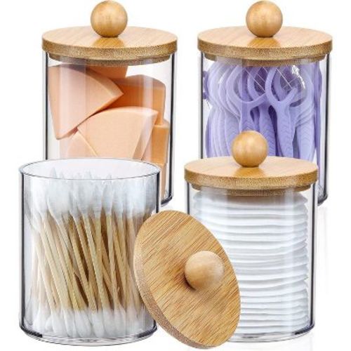 Maison Acrylic Qtip Holder Dispenser Wooden Covers 4 Pack