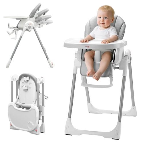 KÜB 3-in-1 Foldable Baby High Chair | Multifunctional Infant High Chairs for Babies and Toddlers | Removable Seat & Tray Easy Clean | 7 Height & 4 Recline Adjustable | 2 Locking Wheels (Grey)