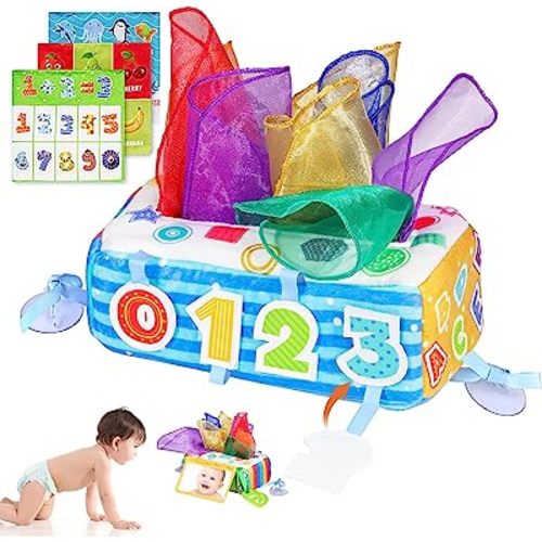 Baby Tissue Box Toy, Soft Montessori Tissue Box Baby Toys 6 to 12 Months, High Contrast Crinkle Paper Sensory Silk Scarves Toys for 1 Year Old Boys Girls Kids Early Learning Gifts