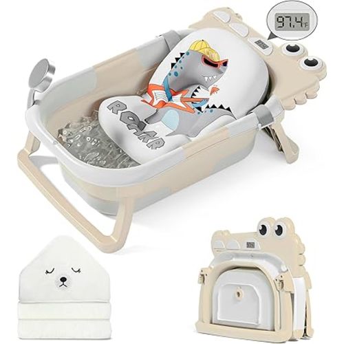 MoreFeel Collapsible Baby Bathtub for Newborn with Thermometer & 1 Hooded Towel & 1 Soft Floating Cushion,Portable Travel Bathtub with Drain Hole, Durable Foldable Baby Tubs for Infants to Toddler