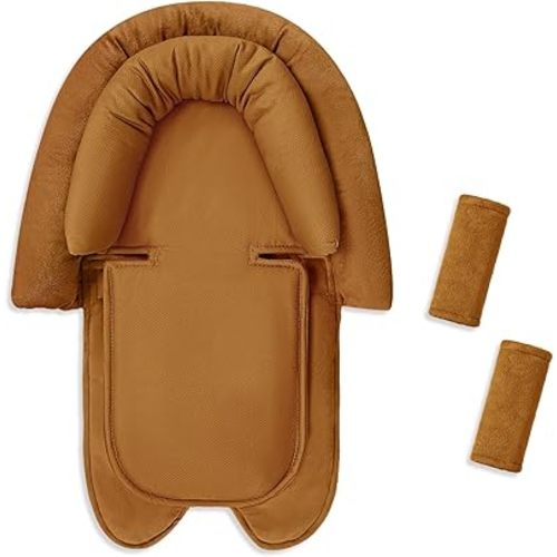 SWESEN Infant Car Seat Insert & Strap Covers, Car Seat Head Support for Baby Girls, 2 in 1 Breathable Air Mesh Car Seat Insert for Newborns, Double-Sided Reversible, for Infants Aged 0-12 (Brown)