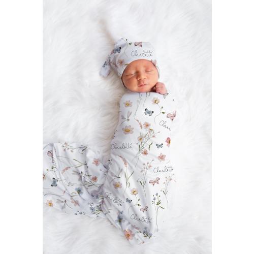 Personalized Newborn Swaddle With Name Swaddle Set Girl Knotted Hat Wildflower Baby Headband Butterfly Baby Photo Outfit Baby Shower Gift B2