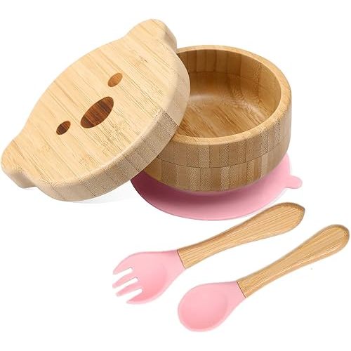 Baby Bowls with Lid,HBM Bamboo Suction Bowls for Baby and Spoon Set,3PC Feeding Supplies Set for Infant, Toddlers,Detachable Silicone Suction Stay Put Base for Wooden Bowl (Pink)