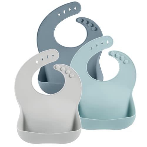 PandaEar 3 Pack Cute Silicone Baby Bibs for Babies & Toddlers (10-72 Months)| Waterproof Baby Feeding Bibs Adjustable with Wide Food Catcher Pocket, Soft, Unisex, Non Messy (Dark blue/Blue/Gray) : Amazon.com.au: Baby