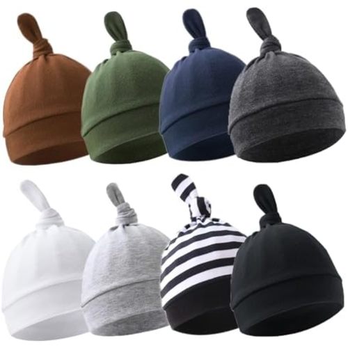 BEoffer 8 Pack Baby Newborn Hats Set Top-Knot Beanie Soft Stretchable Hats Adjustable Caps for Infant Girls Boys 0-6 Months