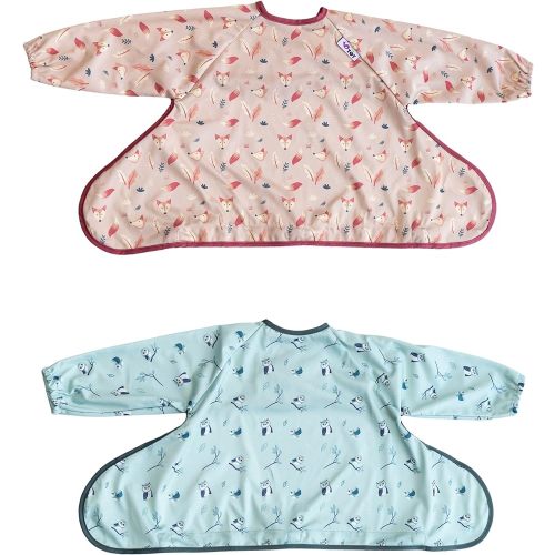 Tidy Tot - 2 Pack Cover & Catch Baby Bibs - Mess Proof Long Sleeve Feeding Smock with Food Catcher Pocket - Waterproof Bib
