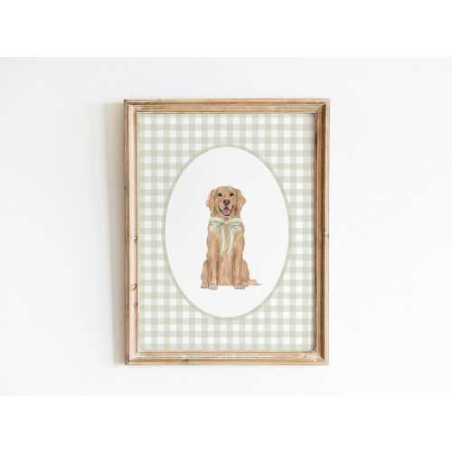 Golden Retriever Nursery Print, Custom Watercolor Dog Nursery Art, Baby Boy Nursery, Sage Green Gingham Puppy Nursery Decor, Girl Wall Art
