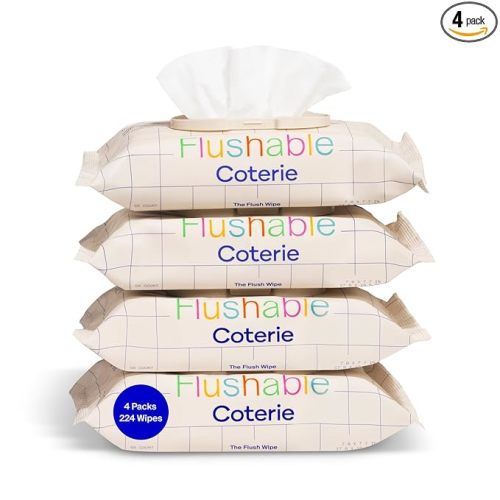 Coterie Flushable Wipes for Toddlers, Designed for Potty Training, Safe for Sensitive Skin, Hypoallergenic, 99% Water, Plant-Based, Fragrance Free, Sewer & Septic Safe, 4 Pack (224 Wipes)