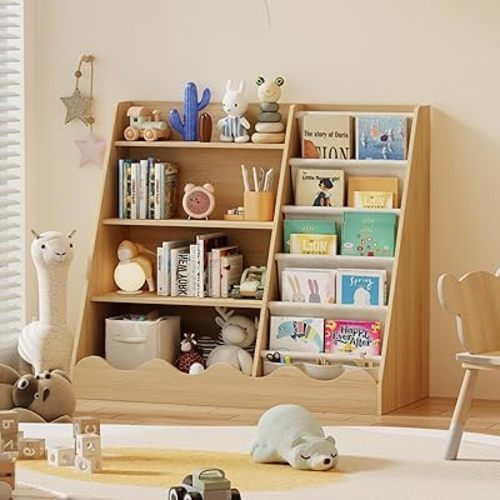 Kids Bookshelf and Toys Storage Cabinet - Wooden Bookcase for Kids Room, 4 Tier Baby Book Shelf with Storage, 5 Shelf Book case in Kids Room Playroom Nursery for Kids, Children, Toddlers
