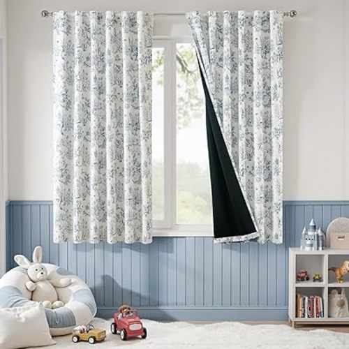 jinchan 95% Blackout Nursery Curtains 63 Inches Long, Bunny Woodland Toile Curtain Blue Animal Printed Drapes for Bedroom Rod Pocket Thermal Insulated Farmhouse Window Drape 2 Panels
