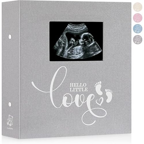 Lanpn Baby Photo Album 4x6 600 Pockets, Linen Cover Ultrasound Album, Sonogram Picture Album, Newborn Bebe Memory Book Photobook with Front Window, Gift for Boy Girl Baby Shower Birthday Grey