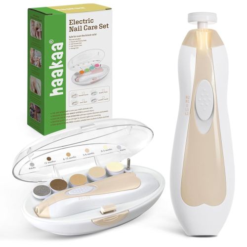 haakaa Baby Nail File Electric Baby Nail Care Set with LED Light, Baby Nail Clippers for Newborn/Infants/Adults Toenails and Fingernails, 6 Replacement Heads & Storage Case, Acorn