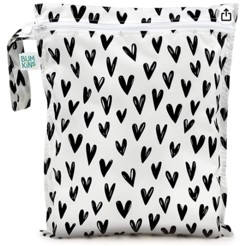 Bumkins Waterproof Wet Bag, Washable, Reusable for Travel, Beach, Pool, Stroller, Diapers, Dirty Gym Clothes, Wet Swimsuits, Toiletries, 12x14 – Black Hearts