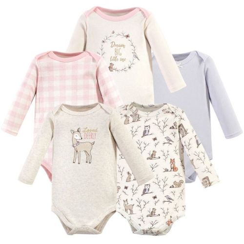 Hudson Baby Infant Girl Cotton Long-Sleeve Bodysuits 5pk, Enchanted Forest, 0-3 Months