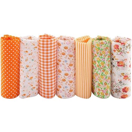 Cotton Fabric Bundles, DIY Assorted Cotton Fabric Durable Orange 7pcs Soft for Quilting for Home Decoration for Crafting(Default)