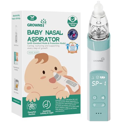 GROWNSY Nasal Aspirator for Baby with Protection Mode, Electric Nose Suction for Baby, Automatic Baby Nose Sucker with 3 Silicone Tips, Adjustable Suction Level, Music and Light Soothing Function