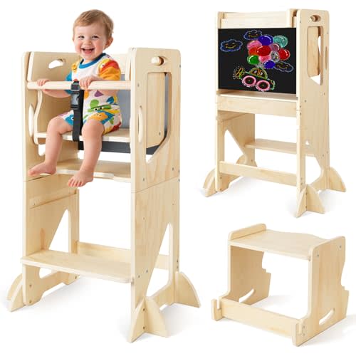 Worldmx Adjustable Height Toddler Kitchen Step Stool, Learning Standing Tower with Blackboard, Kids Wooden Kitchen Stool Helper, 1-3 Years Old Boys Girls Gift, 5-in-1 with Bench