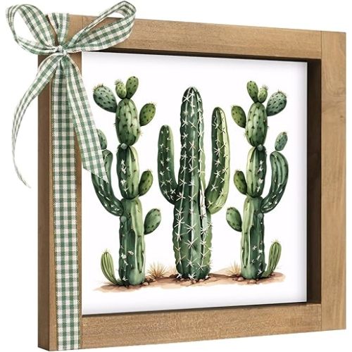 6 Inch Cactus Wall Decor, Wooden Cactus Pictures Wall Art Framed, Western Nursery Kitchen Bathroom Room Bedroom Table Desk Shelf Decorations for Home