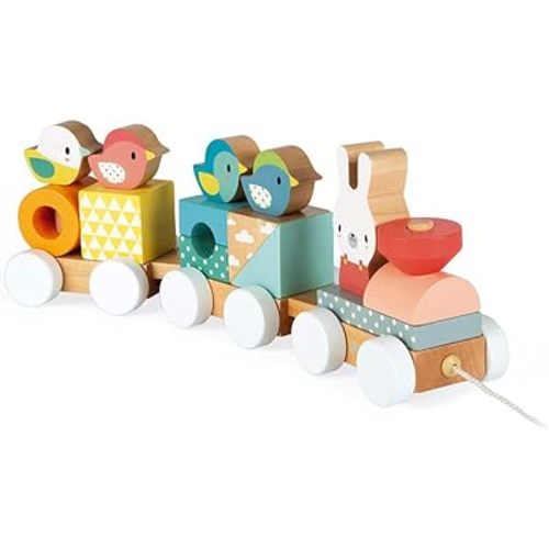 Janod Pure 2-in1 Stacking and Pull-Along Wood Train - Ages 1+ - J05157