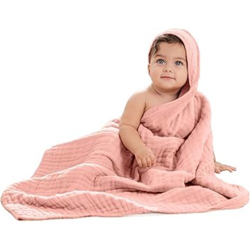 Comfy Cubs Hooded Baby Towel 1-Pack, Large 32 x 32 Inch - 6 Layer 100% Muslin Cotton for Babies, Toddlers and Kids - Soft & Absorbent Baby Bath Towels - Unisex Design for Bath Time - Bold Blush