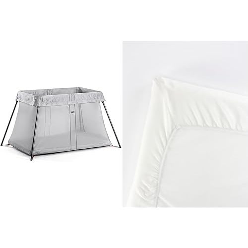 BabyBjörn Travel Crib Light, Silver with Fitted Sheet for Travel Crib Light - Organic White