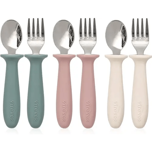 VITEVER 6 Pieces Toddler Utensils, Kids Silverware Set with Silicone Handle, Children Safe Spoons and Forks, 18/8 Stainless Steel, Food-grade Silicone - Dishwasher Safe