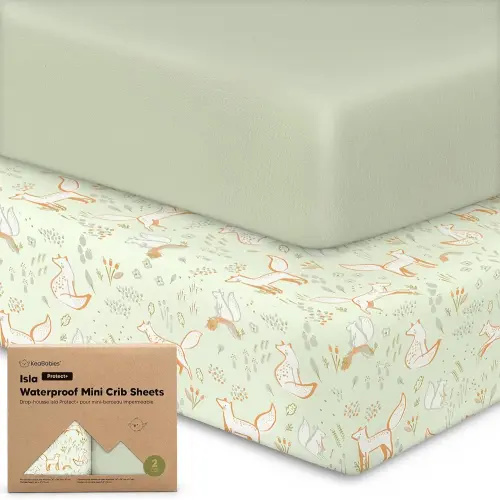 2-Pack Waterproof Pack and Play Sheets, Mini Crib Sheets Fitted for Boy, Girl - 38 x 26 Viscose from Bamboo Pack N Play Mattress Sheets for Graco, Toddler Playard Baby Crib Sheets Neutral (Foxtrot)