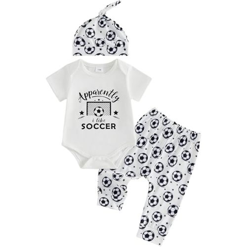Sasaerucure Newborn Infant Baby Boy Soccer Outfit Short Sleeve Romper + Printing Pants + Hat 3Pcs Summer Clothes