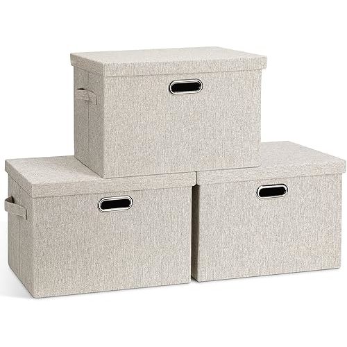 Large 17" 36 Quart Collapsible Stackable Storage Bins with Lids, 3 Packs Beige Linen Fabric Closet Boxes with Lids, Storage Cube Baskets Container Organizers for Bedroom Office(17 x12 x11)