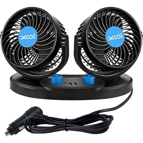 XOOL 12V Car Fan, 360 Degree Rotatable Electric Car Fans, 2 Speed Dual Head Fans with 2 USB Charging Ports, Quiet Strong Cooling Air Fan for Truck Vehicle Boat Van SUV RV