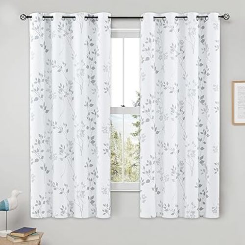 Beauoop Floral 100% Blackout Curtains 54 Inch Length 2 Panels for Bedroom Living Room Grey White Flower Patterned Room Darkening Thermal Insulated Soundproof Grommet Window Treatments Drapes, 52X54