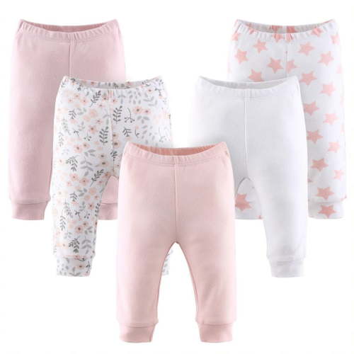 The Peanutshell Baby Pants for Girls 5 Pack Pink White Floral Stars