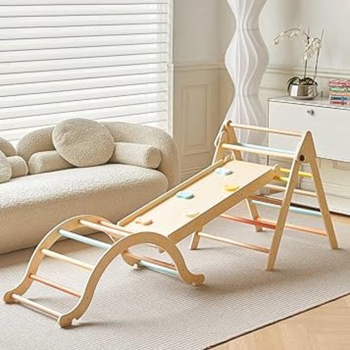 Giant bean Pastel 5 in 1 Pikler Climbing Set with Sliding Ramp & Climbing Arch Ramp, Foldable Wooden Toddler Climbing Toys Indoor,Playground Jungle Gym for Kids Age 2-5, Montessori Climbing Set