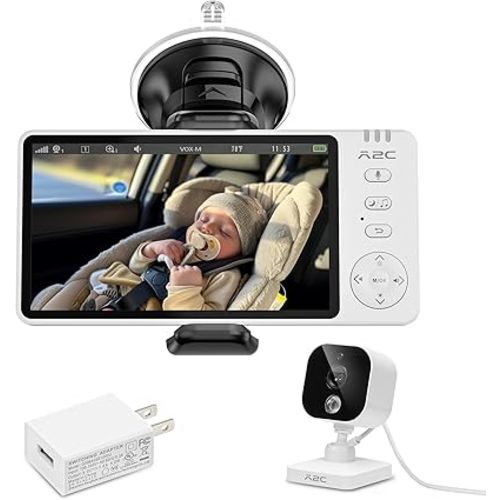 A2C Wireless Baby Car Camera, USB Powered Baby Monitor for Car Backseat & Home, 5" HD 1080P Auto/Manual Night Vision Screen with 7-Hour Battery, Rear Facing Carseat Monitor, for Travel, Home, Pet