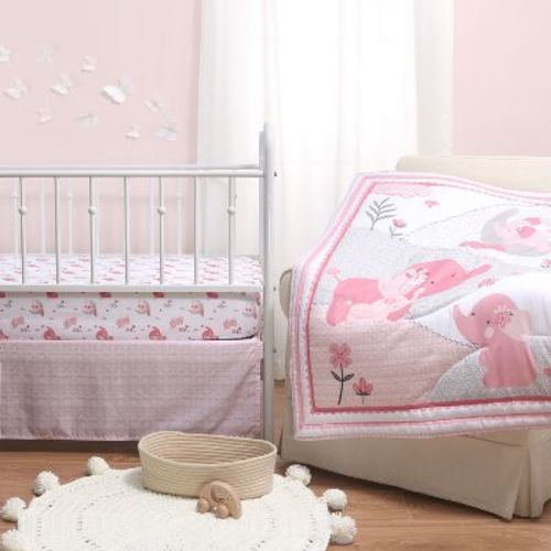 The Peanutshell Pink Elephant Crib Bedding Set For Baby Girls, 3-piece