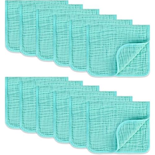 Muslin Burp Cloths 100% Cotton Pack of 12. Soft, Gentle & Absorbent Baby Burp Cloths for Baby Girl & Boys. (Light Blue 12 Pieces)