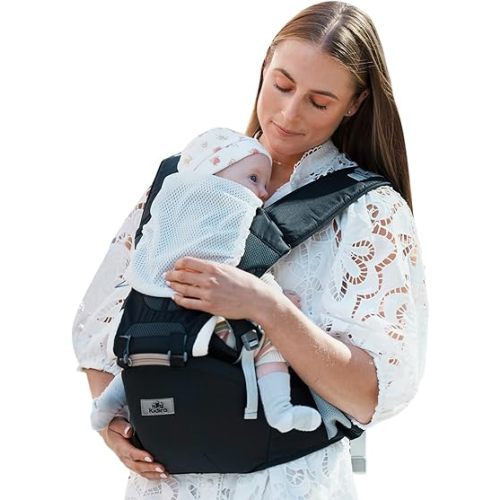 Baby Carrier, KIDIRA 6-in-1 Ergonomic Baby Carrier Newborn to Toddler for 7-50lbs, Front & Back Baby Carriers with Hip Seat for Dad Mom, Adjustable Mesh Infant Carrier with Hood All Season (Black)