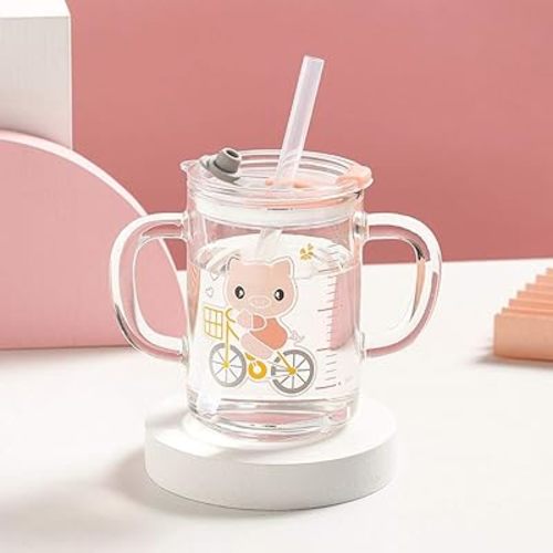 Kids Glass Tumbler with Handles Cute Milk Water Cup Bottle with Silicone Straw and Lid Scale Juice Milk Drinking Mug Heatable Leak Proof Glass Tumbler Children Friendly Travel Water Cup Gift