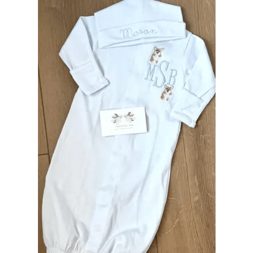Custom Monogrammed DOG 100% Pima Cotton Newborn Converter Gown Romper or Footie with Hat and Blanket Coming Home Outfit High Quality