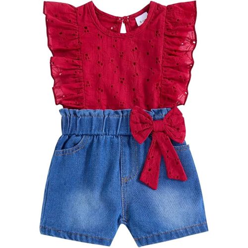 Baby Girl Clothes Toddler Girl Summer Outfit Ruffle Short Sleeve Lace Shirt Blue Jean Shorts Set Toddler Clothes Summer