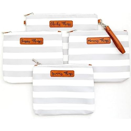 Stylish Diaper Bag Organizing Pouches - XL Set of 4 Gray and White Striped Canvas Diaper Bag Pouches with Leather Embossed Labels, Leather Wristlet Strap & Durable Metal Zippers