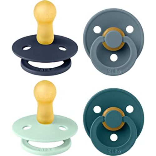 BIBS Pacifiers - Colour 4 Pack | Round Nipple Baby Pacifier | BPA Free Natural Rubber Latex Soother | Made in Denmark | Size 6-18 Months | Boy Colors